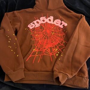 Spider Brown Hoodie with Red Web Design